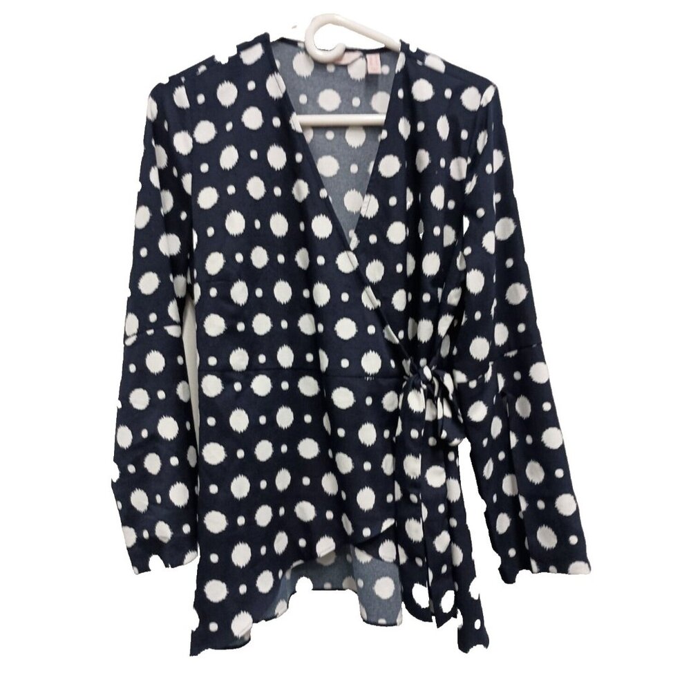 Laurie Felt‎ Wrap Top Womens Medium Black White Polka Dot Long Sleeve Office